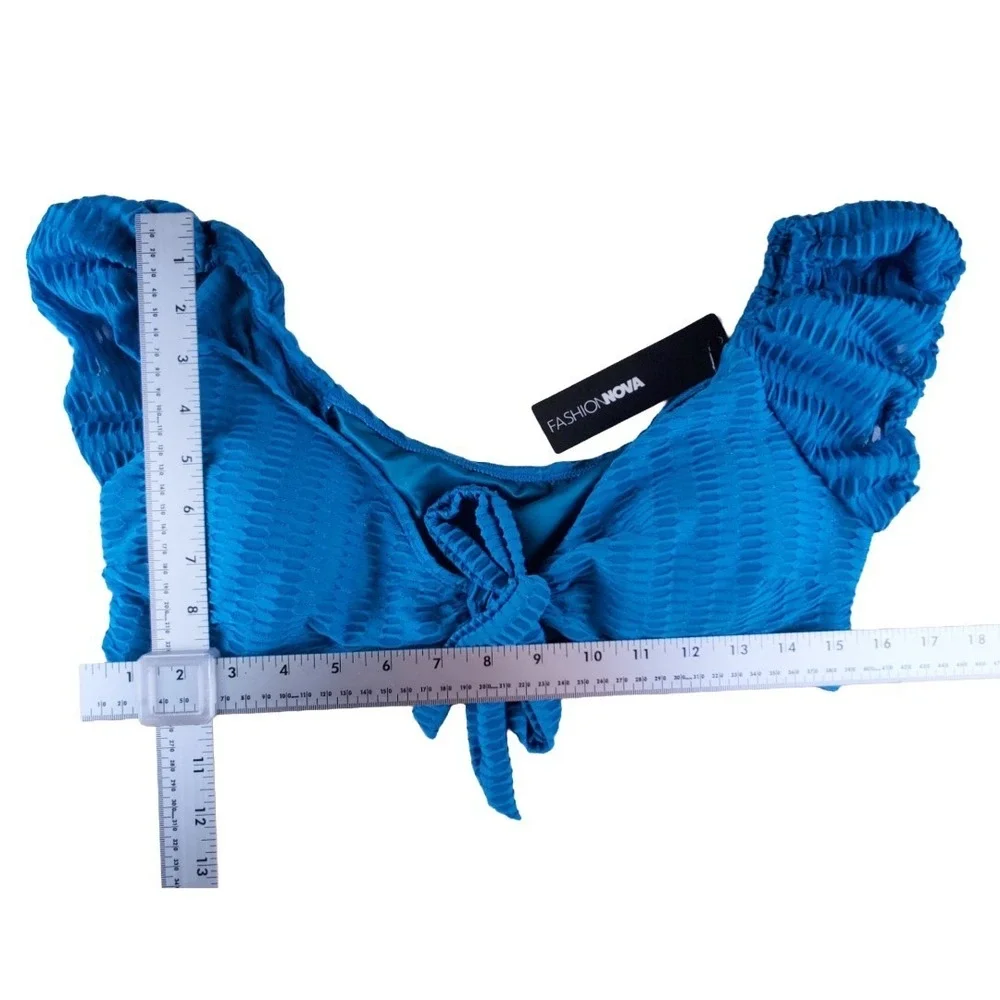 Fashion Nova Elisa Ruffle Textured Tie Front 2 Piece Bikini Blue Large‎ Nwt